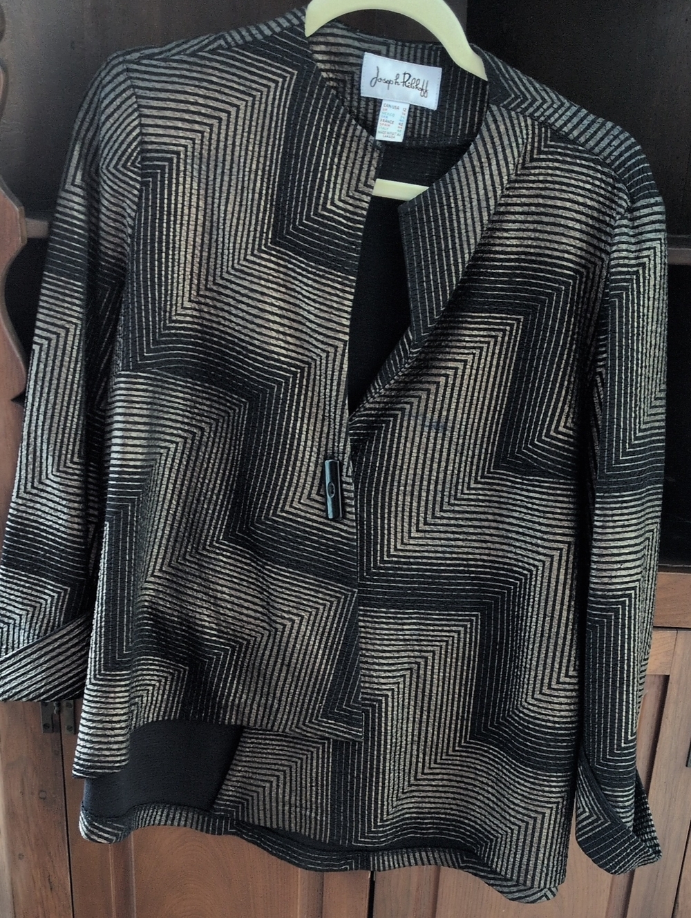 Joseph Ribkoff Black and Gold Geometric Open-Front Jacket - Lightweight & Size L